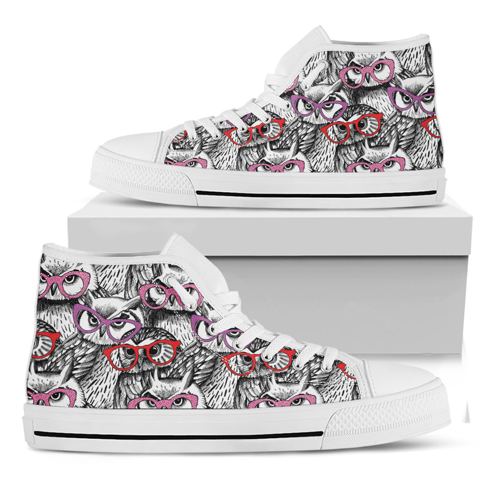 Owl With Glasses Pattern Print White High Top Shoes
