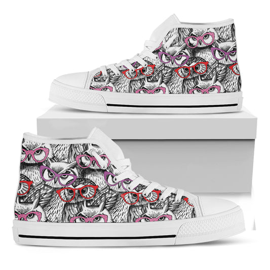 Owl With Glasses Pattern Print White High Top Shoes