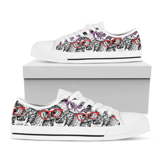 Owl With Glasses Pattern Print White Low Top Shoes