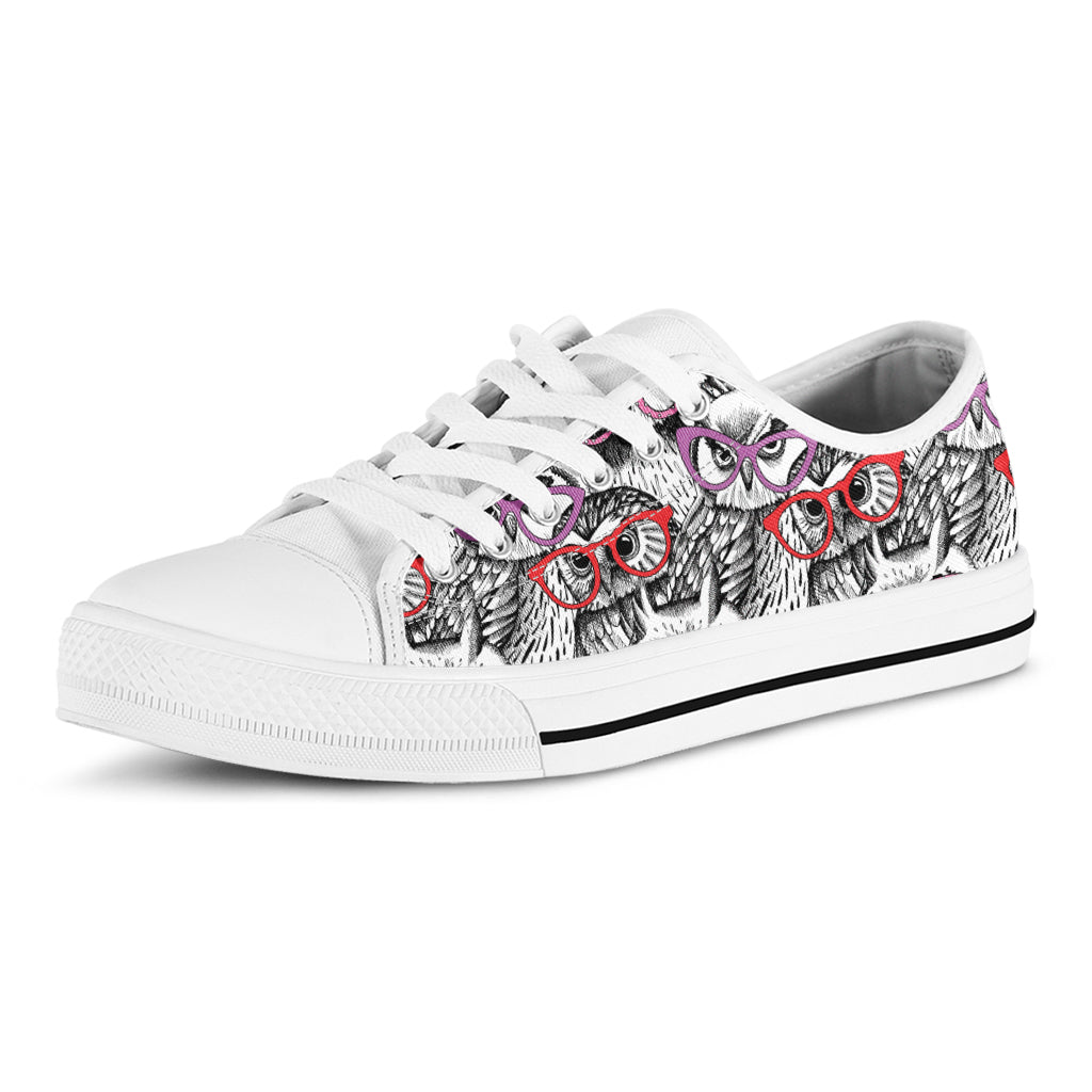 Owl With Glasses Pattern Print White Low Top Shoes