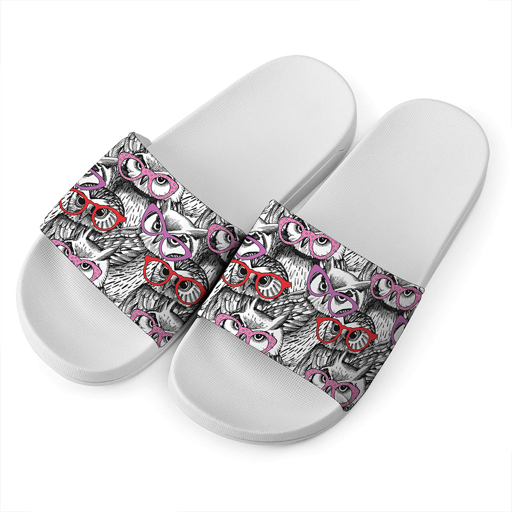 Owl With Glasses Pattern Print White Slide Sandals