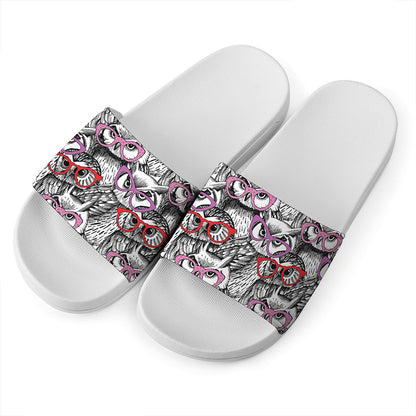 Owl With Glasses Pattern Print White Slide Sandals