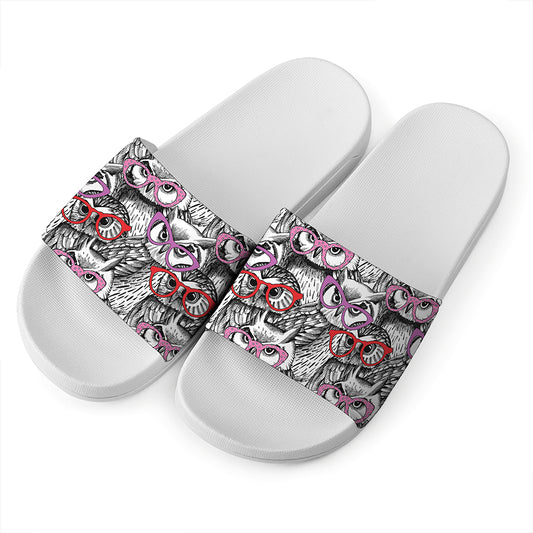 Owl With Glasses Pattern Print White Slide Sandals