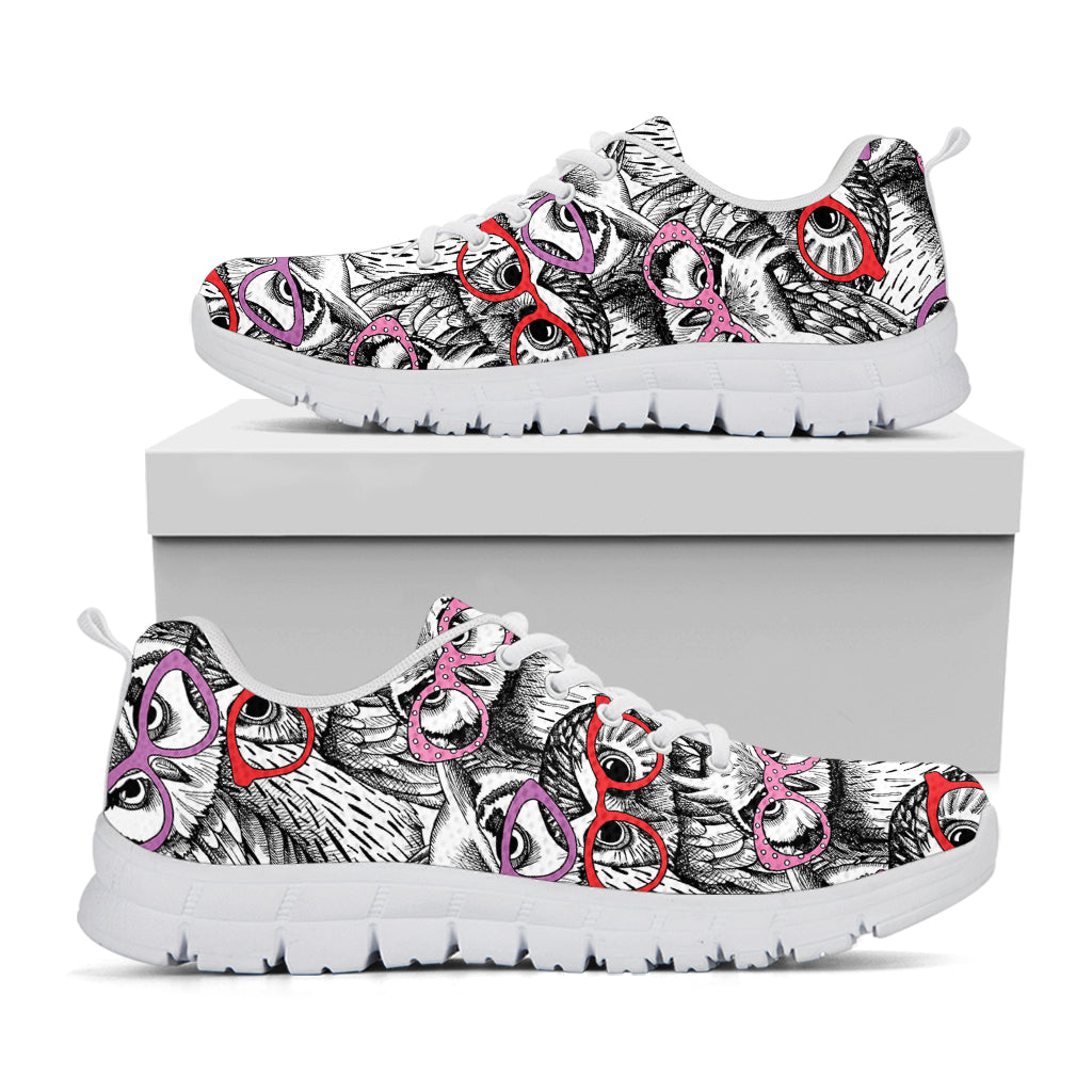 Owl With Glasses Pattern Print White Sneakers