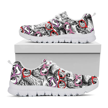 Owl With Glasses Pattern Print White Sneakers