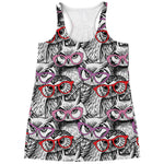 Owl With Glasses Pattern Print Women's Racerback Tank Top