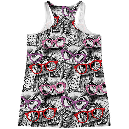 Owl With Glasses Pattern Print Women's Racerback Tank Top
