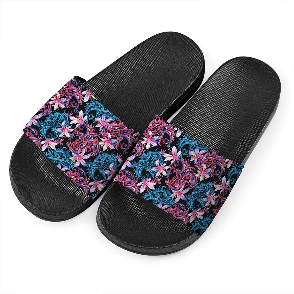 Paisley And Floral Pattern Print Black Slide Sandals