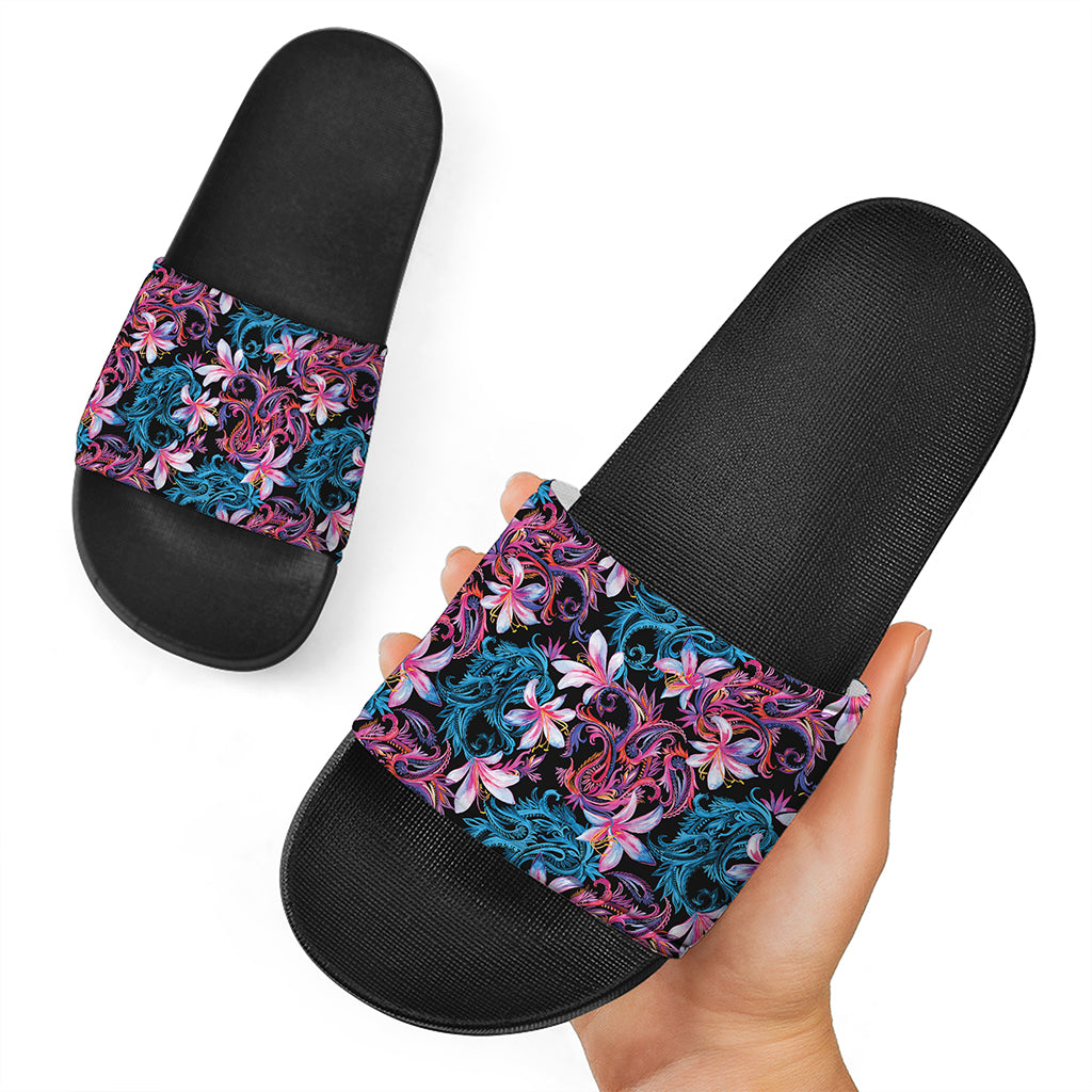 Paisley And Floral Pattern Print Black Slide Sandals