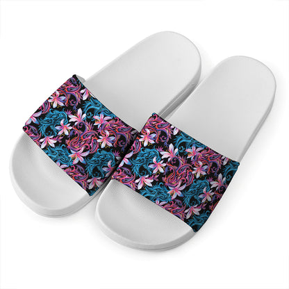 Paisley And Floral Pattern Print White Slide Sandals