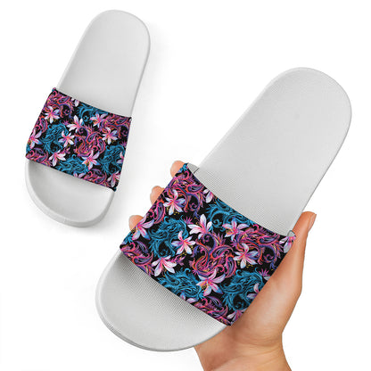 Paisley And Floral Pattern Print White Slide Sandals
