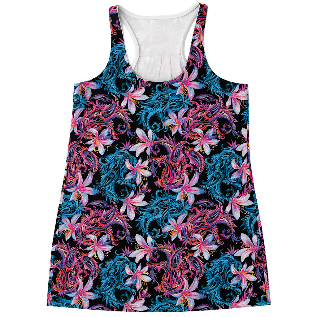 Paisley And Floral Pattern Print Women's Racerback Tank Top