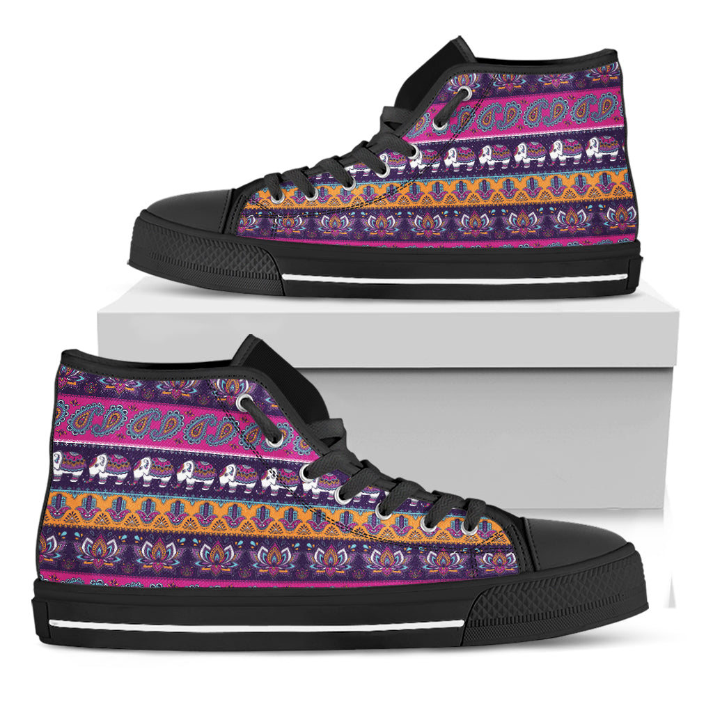 Paisley Elephant Hamsa Pattern Print Black High Top Shoes