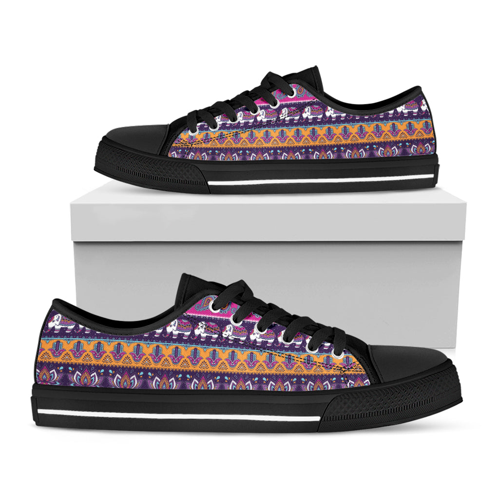 Paisley Elephant Hamsa Pattern Print Black Low Top Shoes