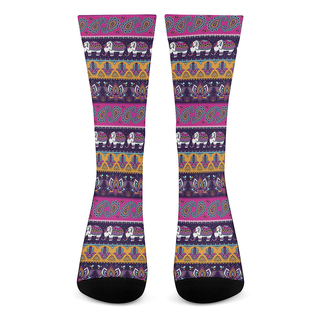 Paisley Elephant Hamsa Pattern Print Crew Socks