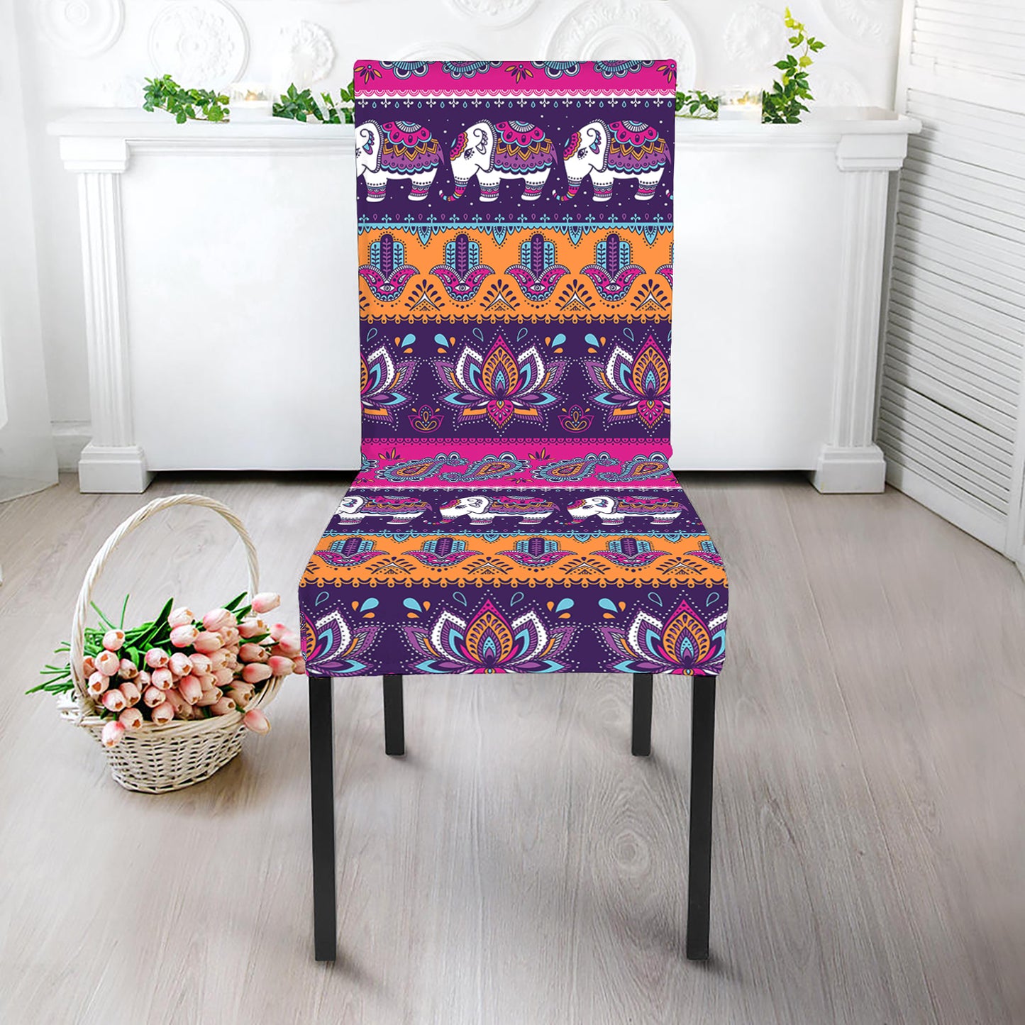 Paisley Elephant Hamsa Pattern Print Dining Chair Slipcover