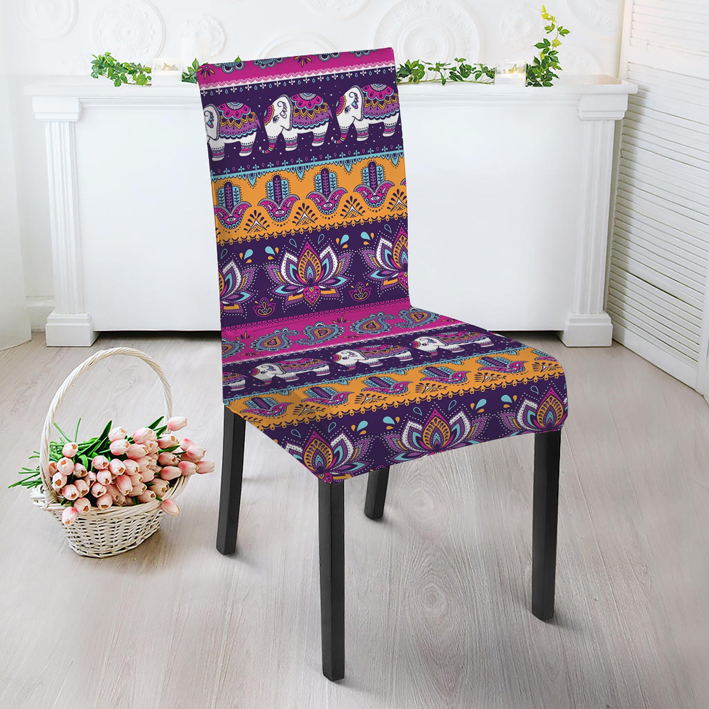 Paisley Elephant Hamsa Pattern Print Dining Chair Slipcover