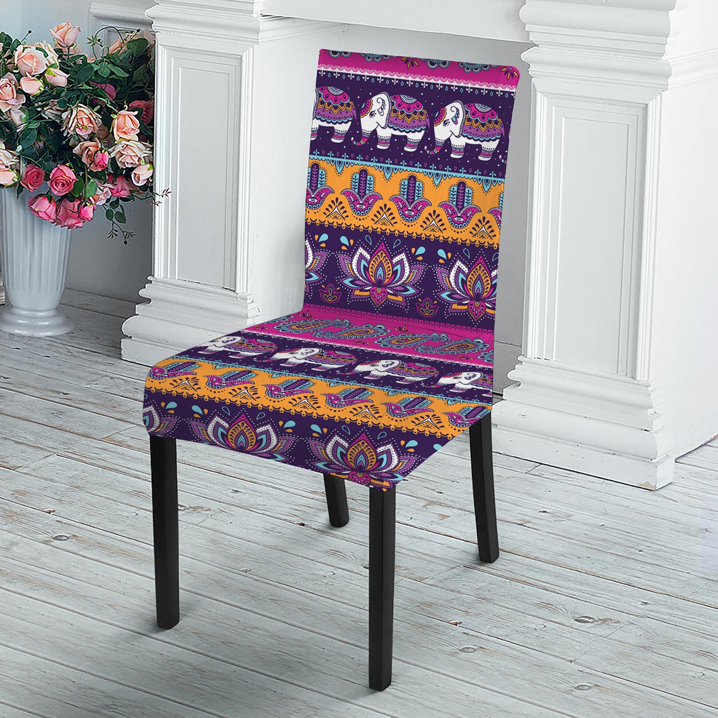 Paisley Elephant Hamsa Pattern Print Dining Chair Slipcover