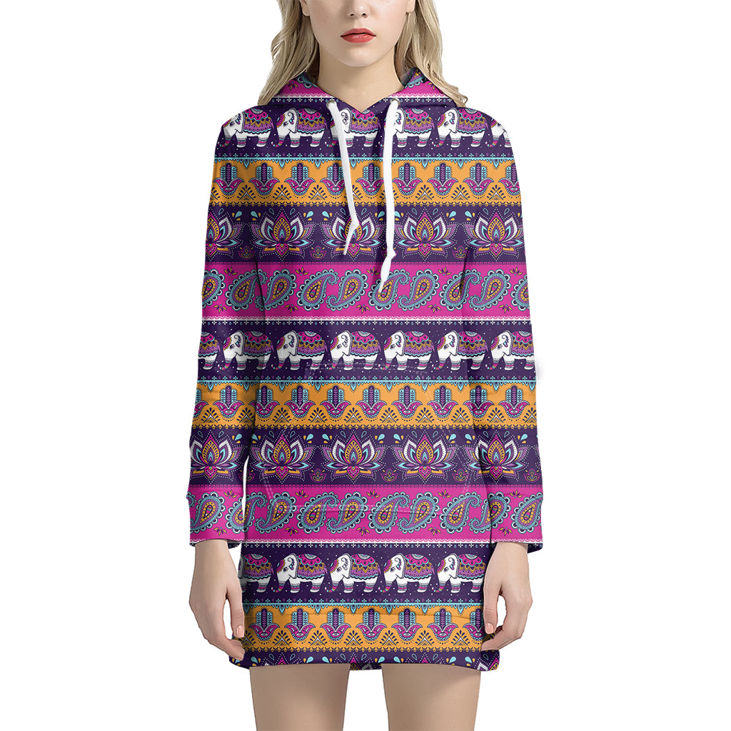 Paisley Elephant Hamsa Pattern Print Hoodie Dress