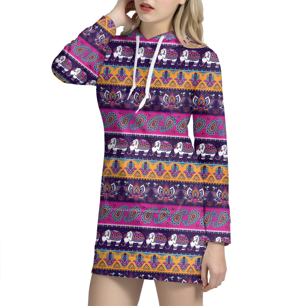 Paisley Elephant Hamsa Pattern Print Hoodie Dress