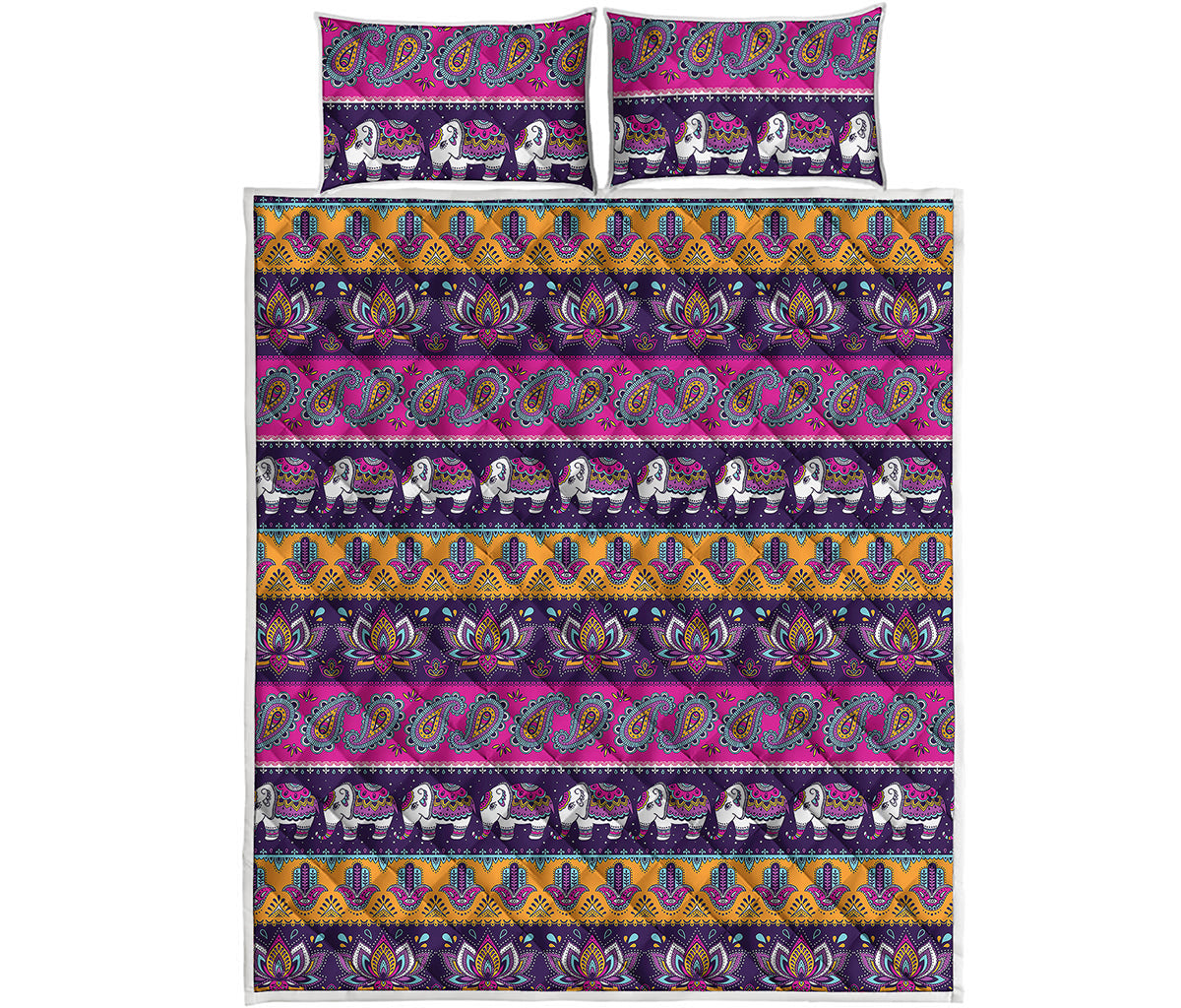 Paisley Elephant Hamsa Pattern Print Quilt Bed Set