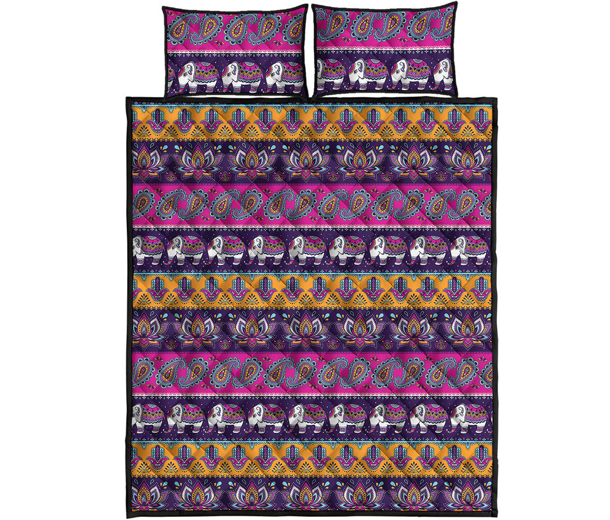 Paisley Elephant Hamsa Pattern Print Quilt Bed Set