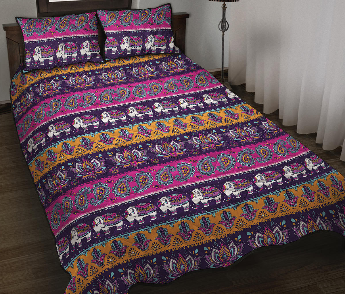 Paisley Elephant Hamsa Pattern Print Quilt Bed Set