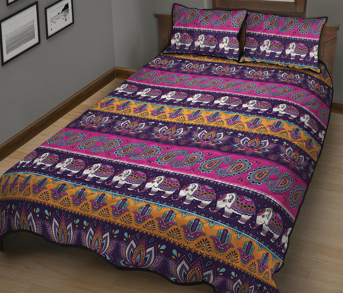 Paisley Elephant Hamsa Pattern Print Quilt Bed Set