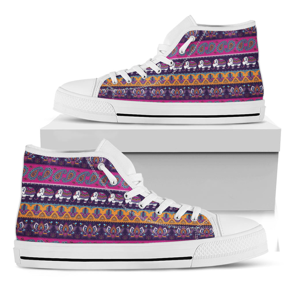 Paisley Elephant Hamsa Pattern Print White High Top Shoes