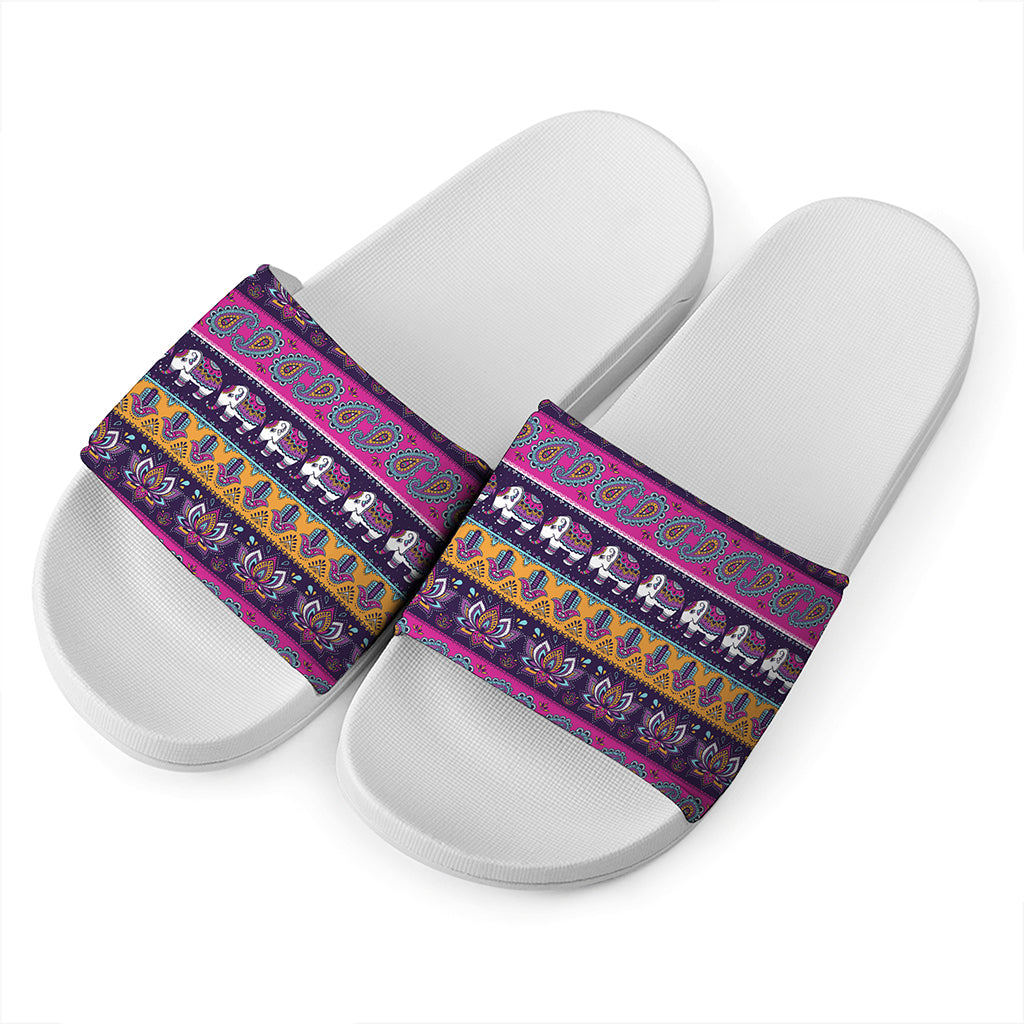 Paisley Elephant Hamsa Pattern Print White Slide Sandals