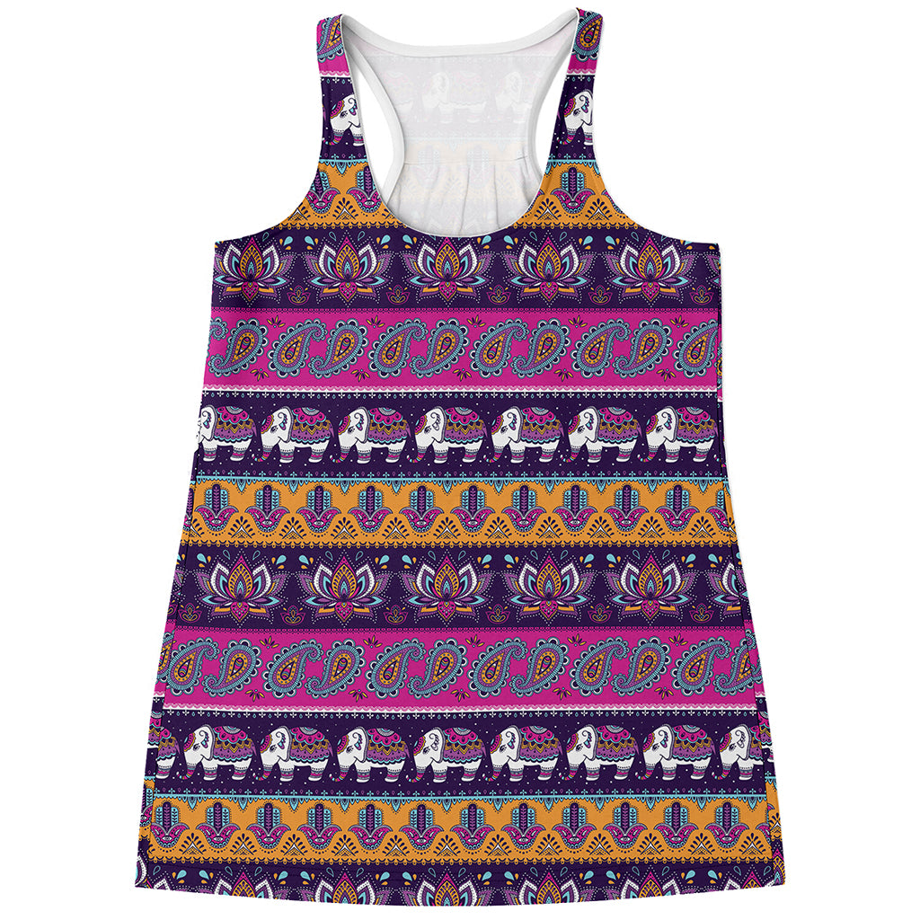 Paisley Elephant Hamsa Pattern Print Women's Racerback Tank Top