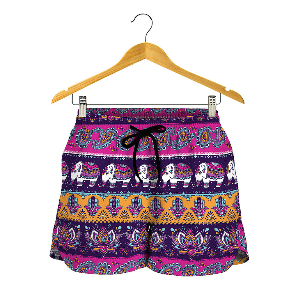 Paisley Elephant Hamsa Pattern Print Women's Shorts