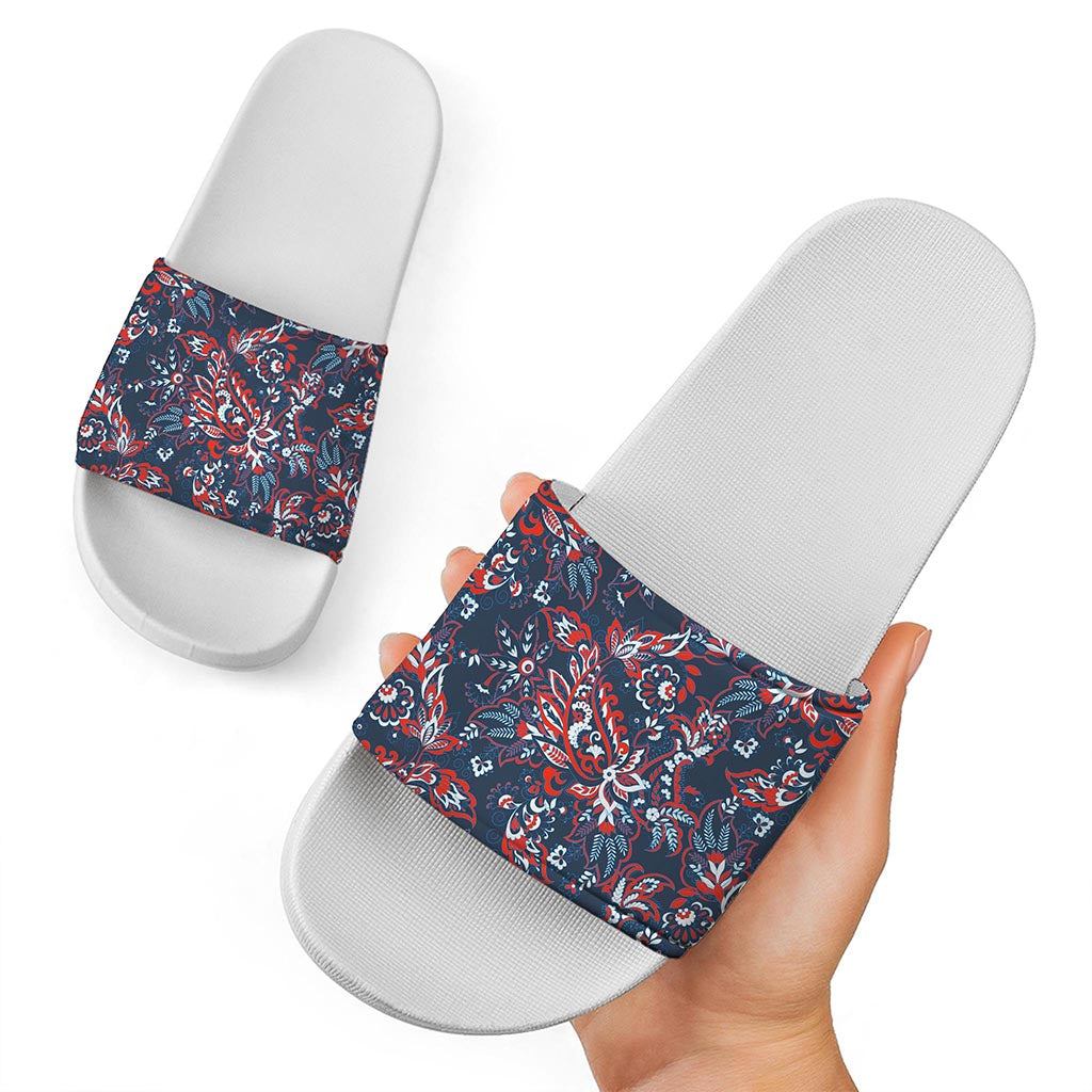 Paisley Floral Bohemian Pattern Print White Slide Sandals