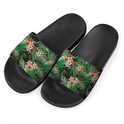 Palm Hawaiian Tropical Pattern Print Black Slide Sandals