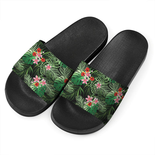Palm Hawaiian Tropical Pattern Print Black Slide Sandals