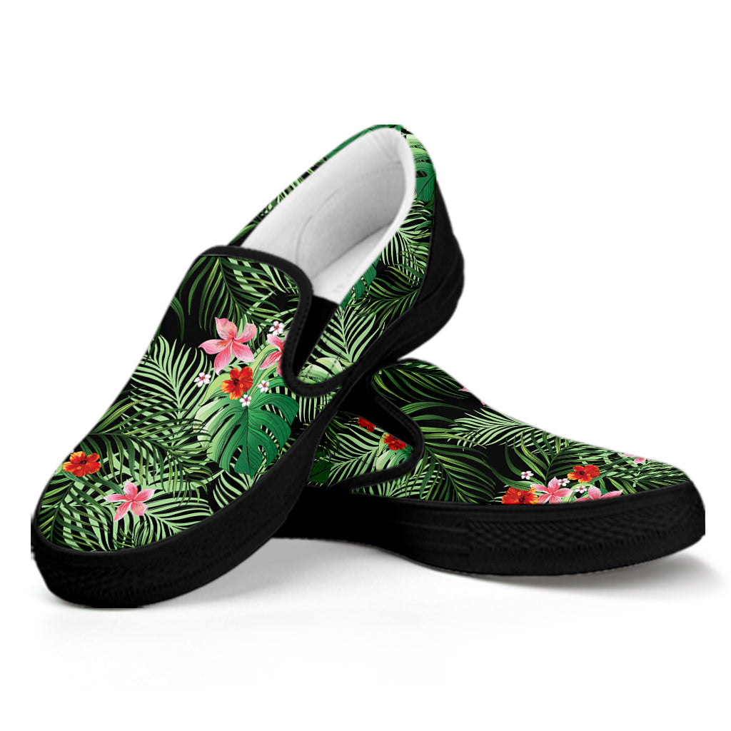 Palm Hawaiian Tropical Pattern Print Black Slip On Shoes