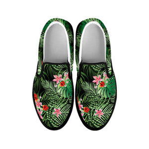 Palm Hawaiian Tropical Pattern Print Black Slip On Shoes