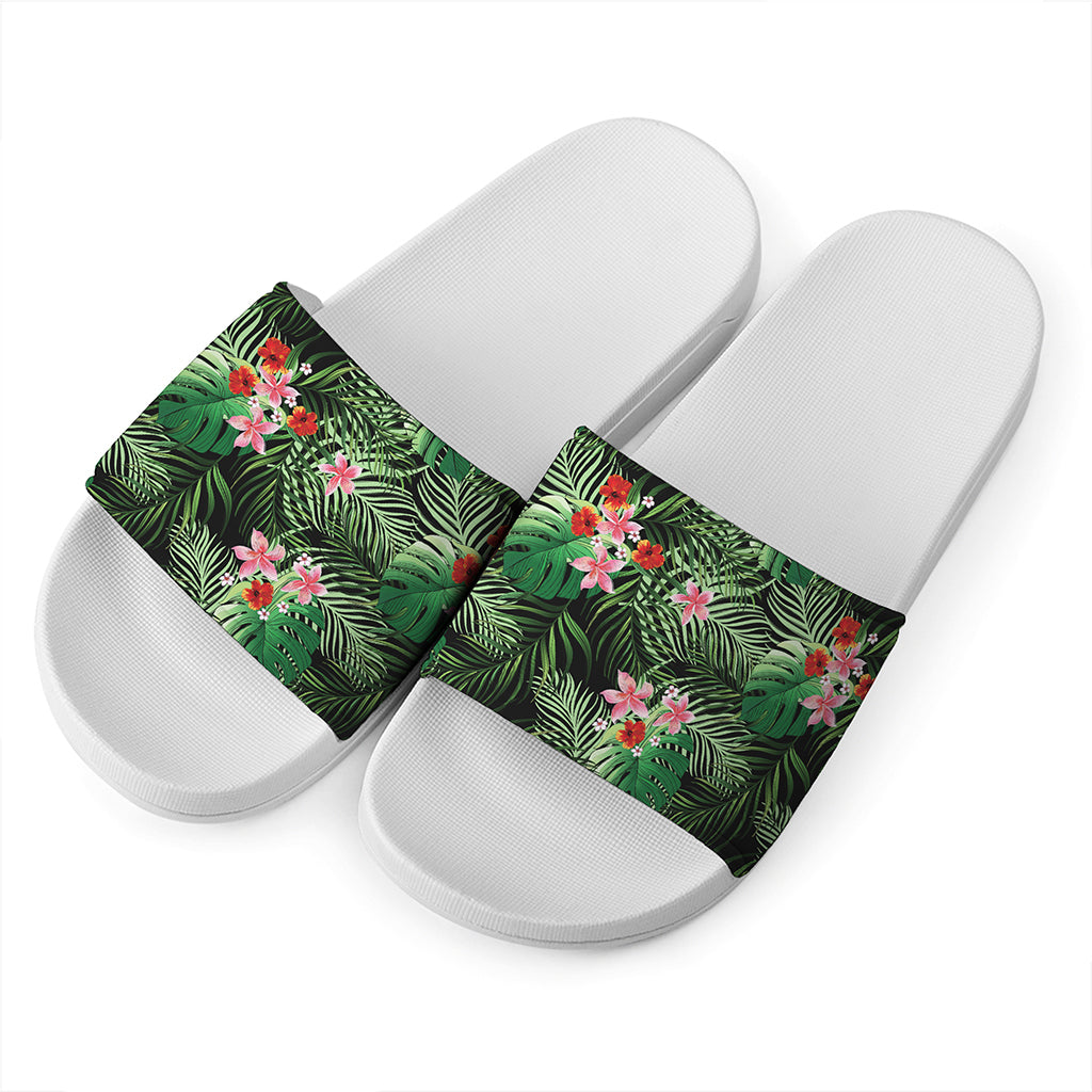 Palm Hawaiian Tropical Pattern Print White Slide Sandals