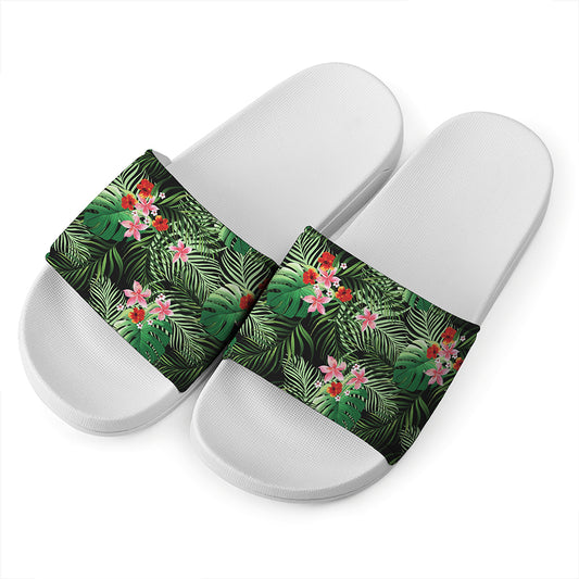 Palm Hawaiian Tropical Pattern Print White Slide Sandals