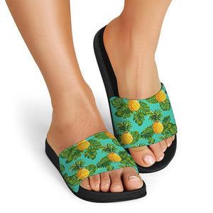 Palm Leaf Pineapple Pattern Print Black Slide Sandals