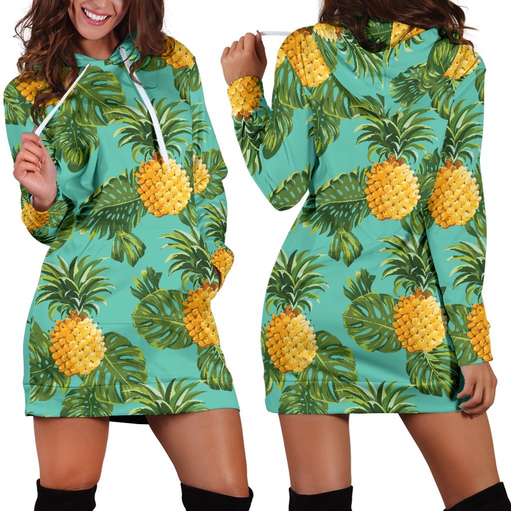 Palm Leaf Pineapple Pattern Print Hoodie Dress GearFrost