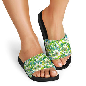 Palm Tree Banana Pattern Print Black Slide Sandals