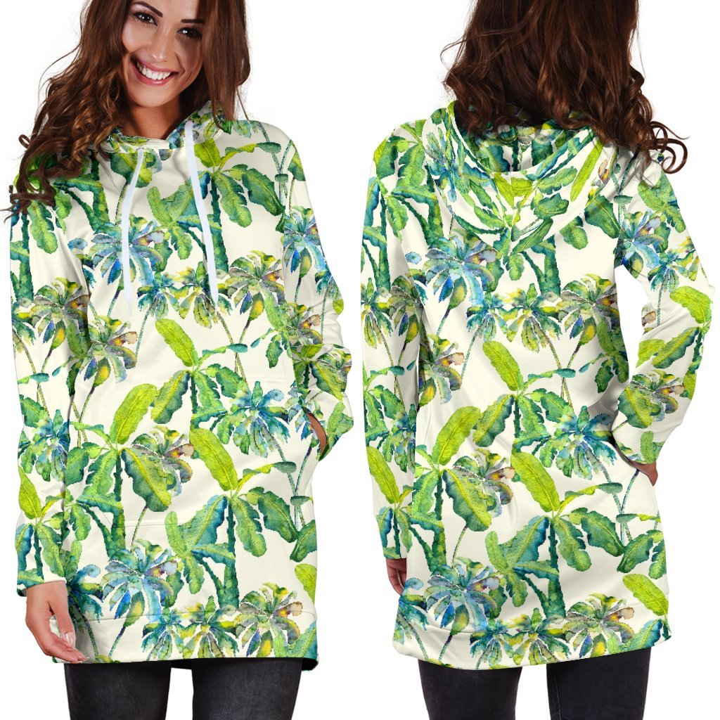 Palm Tree Banana Pattern Print Hoodie Dress GearFrost