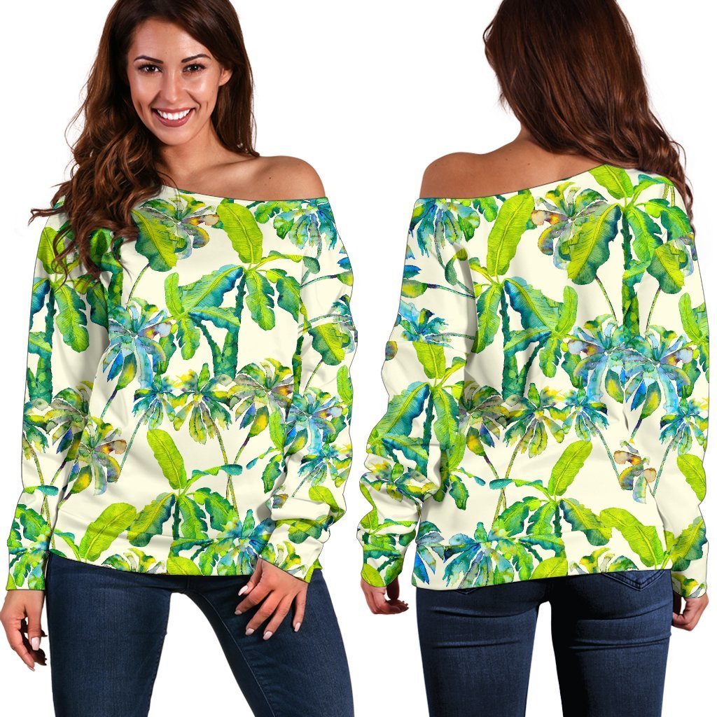 Palm Tree Banana Pattern Print Off Shoulder Sweatshirt GearFrost