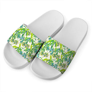 Palm Tree Banana Pattern Print White Slide Sandals