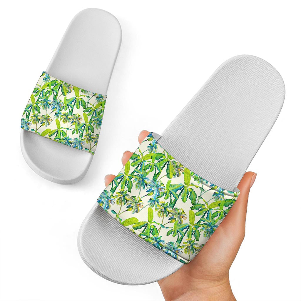 Palm Tree Banana Pattern Print White Slide Sandals