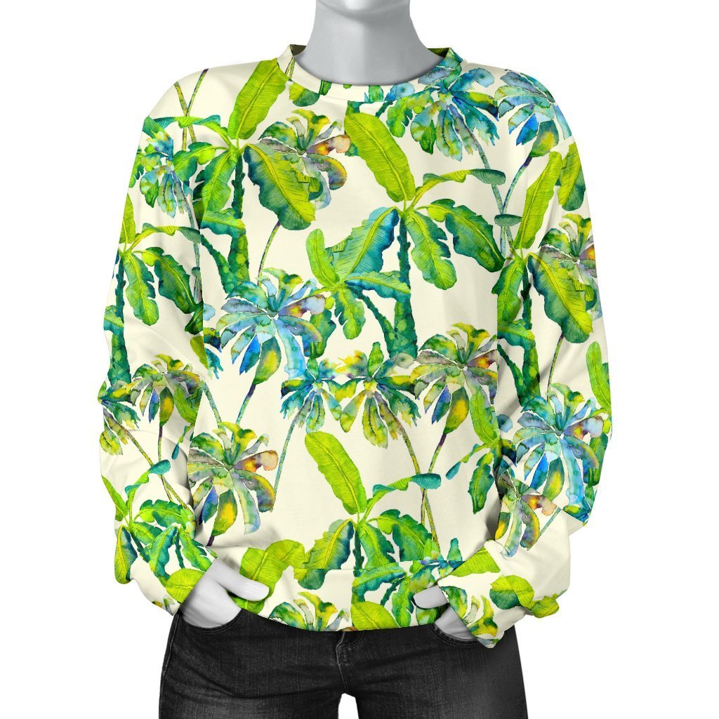 Palm Tree Banana Pattern Print Women's Crewneck Sweatshirt GearFrost