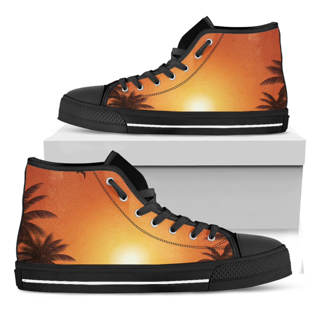 Palm Tree Beach Sunset Print Black High Top Shoes