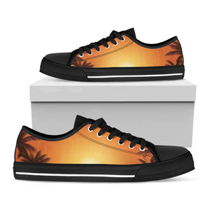 Palm Tree Beach Sunset Print Black Low Top Shoes