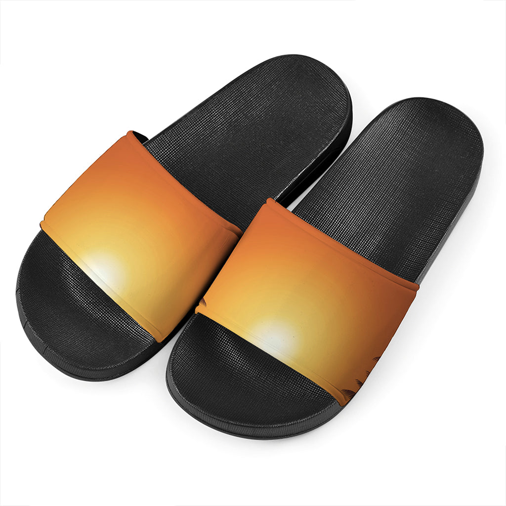 Palm Tree Beach Sunset Print Black Slide Sandals